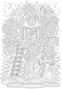 Hand drawn coloring page with snowman, small house with hearts and wooden ladder in winter garden. Line art vector illustration. Happy New Year and Merry Christmas card concept