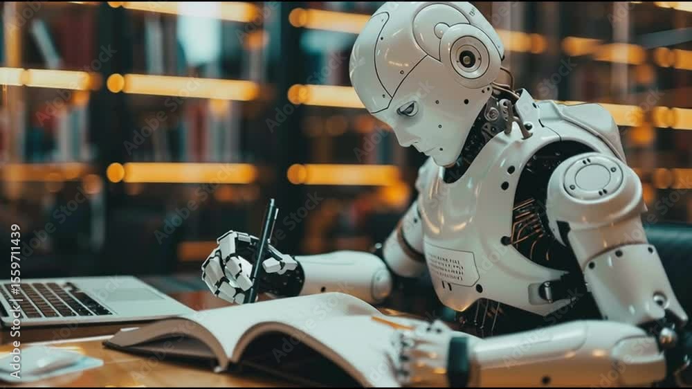 Poster robot studies in a modern library during the afternoon