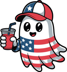 A cheerful cartoon ghost wearing a red white and blue baseball cap and American flag themed costume holding a red
