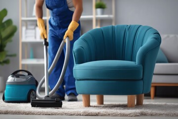 Fototapeta premium Cleaner in blue overalls vacuums a beige rug near a blue armchair in a tidy room