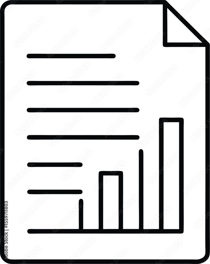 Poster stylized black line drawing of a document with text and a bar graph showing upward trend isolated on