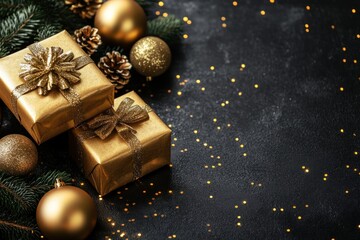 Holiday design featuring gold gift boxes and shiny baubles on black background with warm Christmas wishes