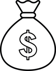 Simple black outline drawing of a money bag with a dollar sign inside isolated on white background