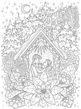 Hand drawn coloring page with loving family couple and child in the house among the trees. Line art vector illustration. Happy New Year and Merry Christmas card concept