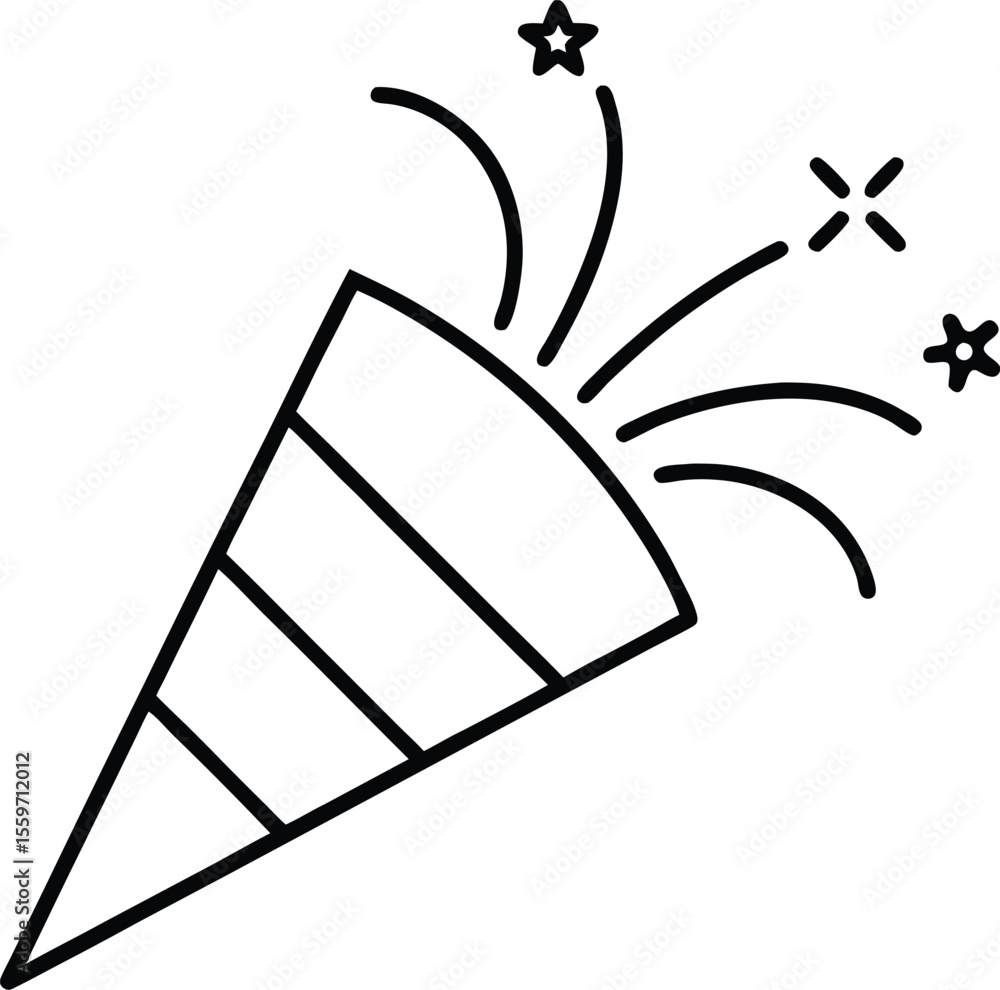 Poster a simple line art drawing of a party popper exploding with confetti and stars isolated on white back