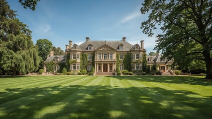 A luxurious white house with elegant architectural details, surrounded by a lush green lawn in front of the house, creates the perfect combination of sophistication, comfort and natural beauty	