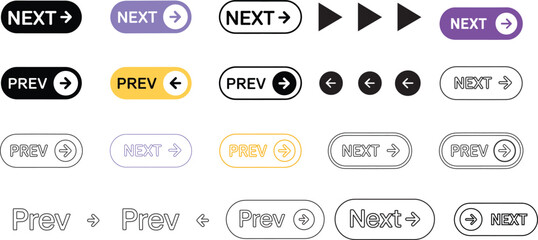 Next and Previous Arrow Button Icons – Web Navigation UI Elements. Web page button for move to the next and previous item. Web buttons with arrow for web site and user interface . Web design 