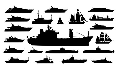 A comprehensive collection of diverse ship and boat silhouettes, ranging from yachts and sailboats to cargo vessels and submarines.