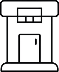 Simple outline drawing of a small building with a door and windows isolated on white background