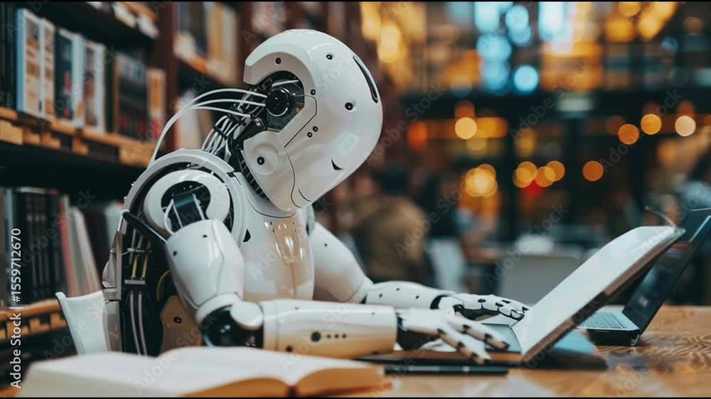 Aufkleber Robotic Assistant Engaging With Technology in a Modern Library Setting