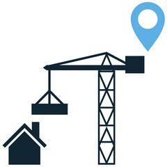 House construction location icon vector, pinpointing a residential building site. Ideal for real estate development, project mapping, site visits, and property scouting.