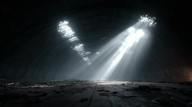 Exploring the eerie atmosphere of an empty warehouse where light filters through broken windows. Dust particles float in the rays, highlighting the decay and abandoned items