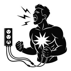 Electrified rage Man screaming with power outlet and lightning bolts