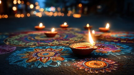 happy diwali festival celebration with oil lamp on street at night, traditional rangoli background for diwali greeting card. High quality
