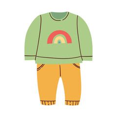 illustration of clothes for children, clothes for kids, baby clothes, baby clothes vector, baby clothes shop .Colorful cute hand drawn illustration isolate on white.