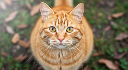 A ginger tabby cat looking up with bright yellow eyes and a pink nose in an outdoor setting with leaves