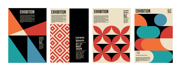 Art exhibition posters with abstract painting design. Vector vertical banners, invitation flyers to museum or gallery with trendy creative background with colorful patern blobs and drawn shapes.