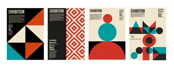 Art exhibition posters with abstract painting design. Vector vertical banners, invitation flyers to museum or gallery with trendy creative background with colorful patern blobs and drawn shapes.