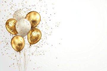 Happy event banner with golden flying balloons and light confetti texture, white background