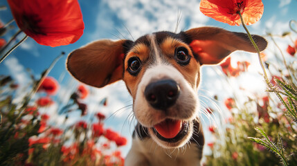 jack russell terrier playing in the blooming meadow with poppies
