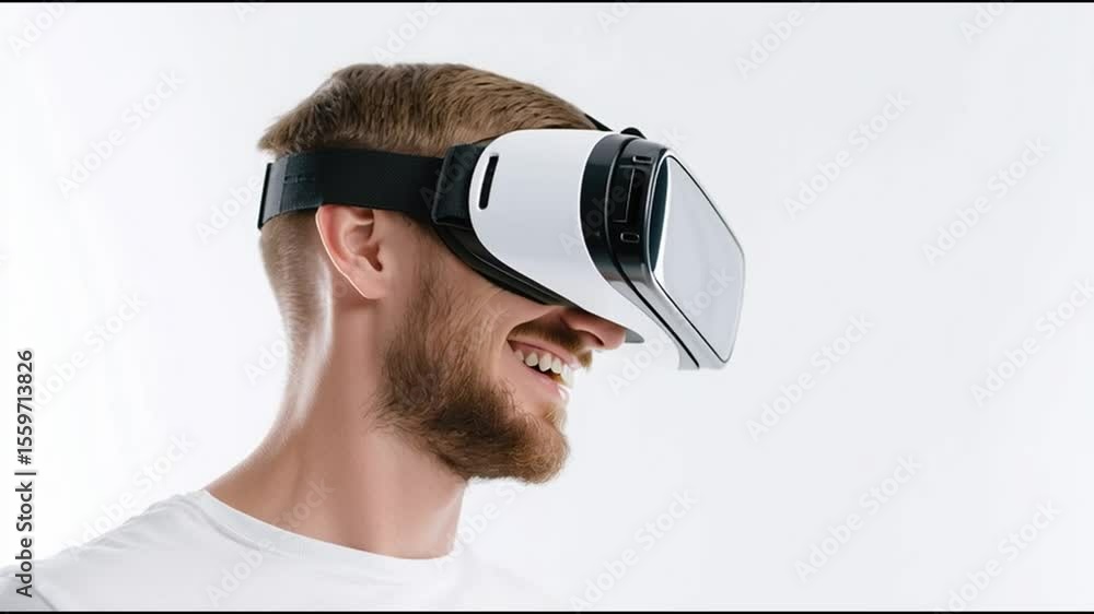 Aufkleber young man enjoys immersive virtual reality experience in a bright setting while exploring new worlds