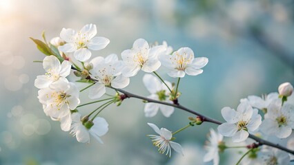 Fototapeta premium Cherry tree blossoms bloom white petals on a branch, a beautiful sign of spring's arrival in nature
