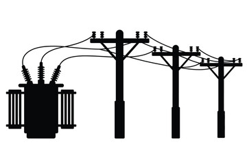 Silhouette of Electrical Transformer and Power Lines on White Background
