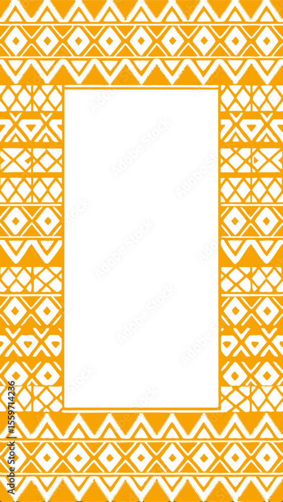 Poster geometric tribal border design with orange and white patterns featuring diamonds and zigzags creatin