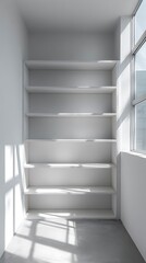 Obraz premium High quality photo of front view of empty shelf or counter on white wall background with natural light of window. Display of room shelves for showing minimal concept.