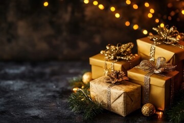 Group of golden gift boxes with holiday decor and glittering lights, dark background with copy space
