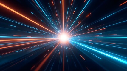 Energetic Light Explosion: Dynamic Blue and Orange Glowing Rays Convergence

