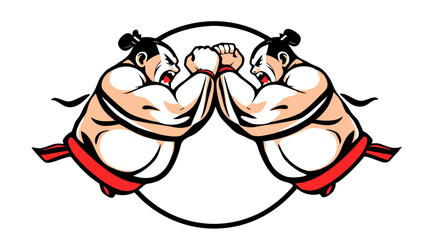 Cartoon Sumo Wrestlers Fighting – Traditional Japanese Wrestling Characters in Action Poses