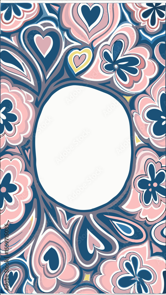 Poster abstract floral and heart pattern with a central white oval space for text or design elements