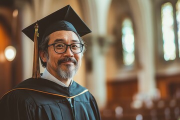 Graduation ceremony photo of adult man in gown and cap, natural light, warm expression