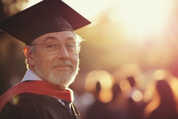Fototapeta premium Graduation ceremony photo of adult man in gown and cap, natural light, warm expression