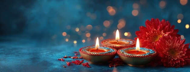 Happy Diwali. Traditional diya oil lamps and red flowers on blue background. Celebrating Hindu Light Festival. High quality