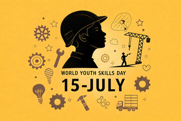 world youth skills day poster design featuring a cartoon illustration of a woman's silhouette with long hair, a skull, and an abstract background