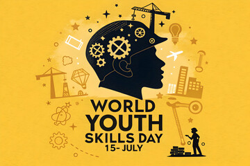 world youth skills day poster design featuring a cartoon illustration of a woman's silhouette with long hair, a skull, and an abstract background