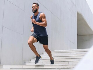 Fototapeta premium A bearded man in athletic wear runs up concrete stairs in sunlight