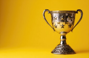 Golden Trophy on Yellow Background: A gleaming gold trophy, symbol of achievement, stands boldly against a vibrant yellow backdrop, embodying the spirit of victory and success.