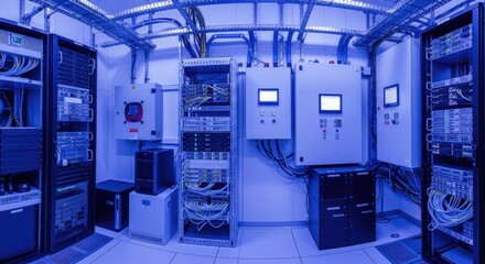 Advanced network server room with high-tech equipment and wiring in blue ambient light