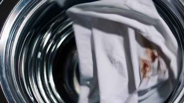 White t-shirt with blood stain rotating in washing machine drum