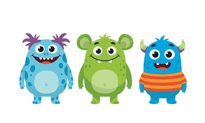 A vibrant collection of three cute and friendly cartoon monster characters, each with unique colors and features.

