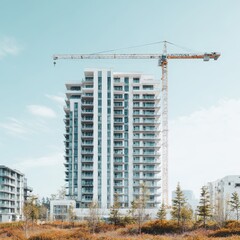 Modern high-rise residential building under construction, crane visible, surrounded by low-rise buildings and autumnal vegetation against a clear sky