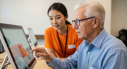 Asian female assisting caucasian elderly male at computer in classroom setting