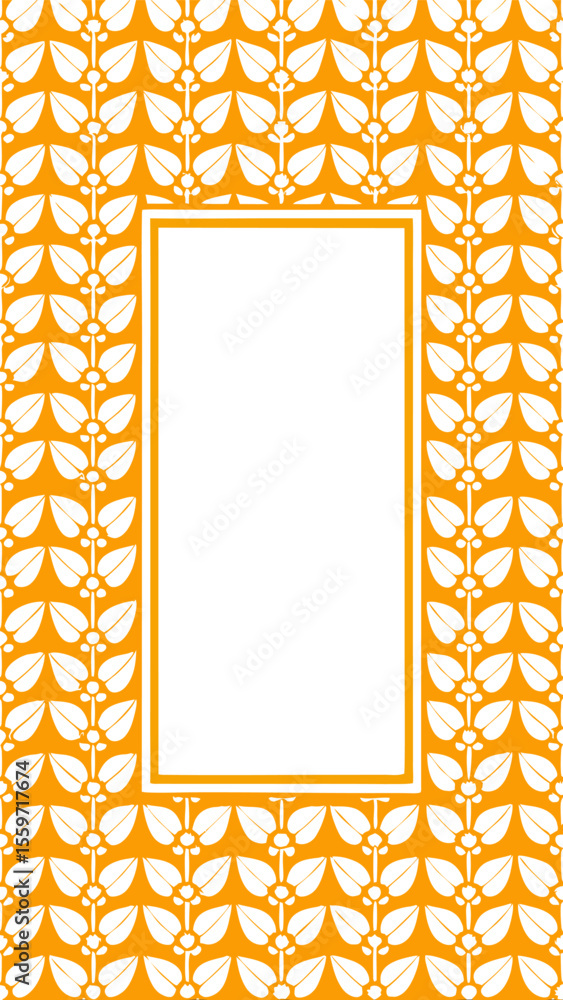 Aufkleber a vertical orange background with a repeating white stylized leaf and berry pattern bordering a cent