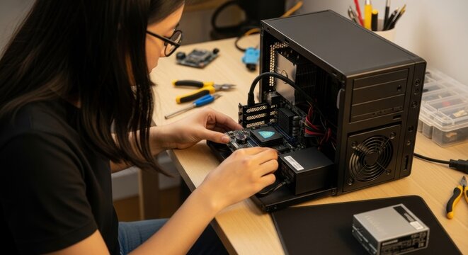 Asian female teen building desktop computer in tech workshop - Powered by Adobe