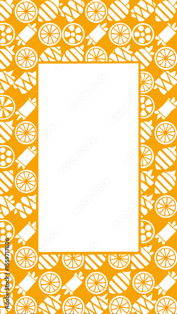 Aufkleber a vibrant orange background features a repeating pattern of white candies and sliced oranges creatin
