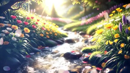 Blooming stream nature, sparkling water surrounded by garden flowers and sunbeams showing peaceful fantasy landscape and spring renewal visual charm