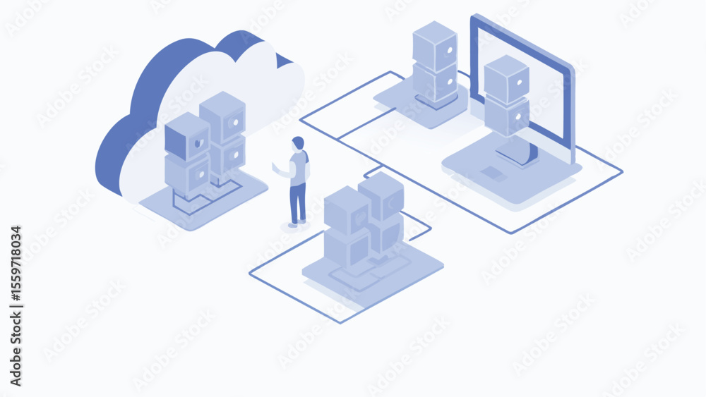 Poster isometric illustration of cloud computing network with person and stacked cubes connected online